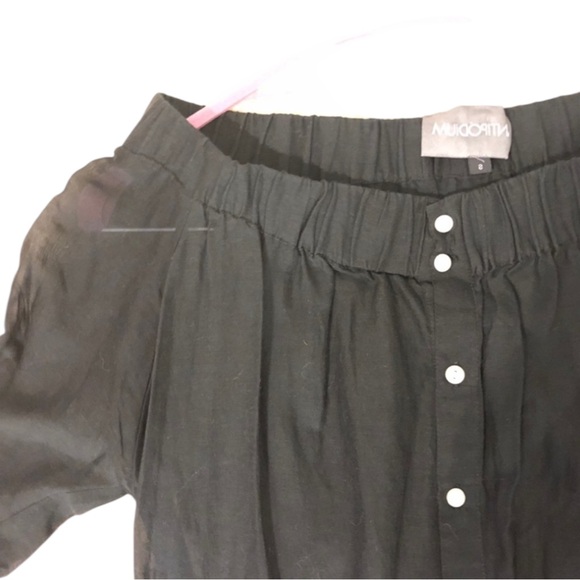 Antipodium Black Sheer Off the Shoulder 3/4 Sleeve Mini Dress w/ Pearl Buttons - Picture 15 of 16